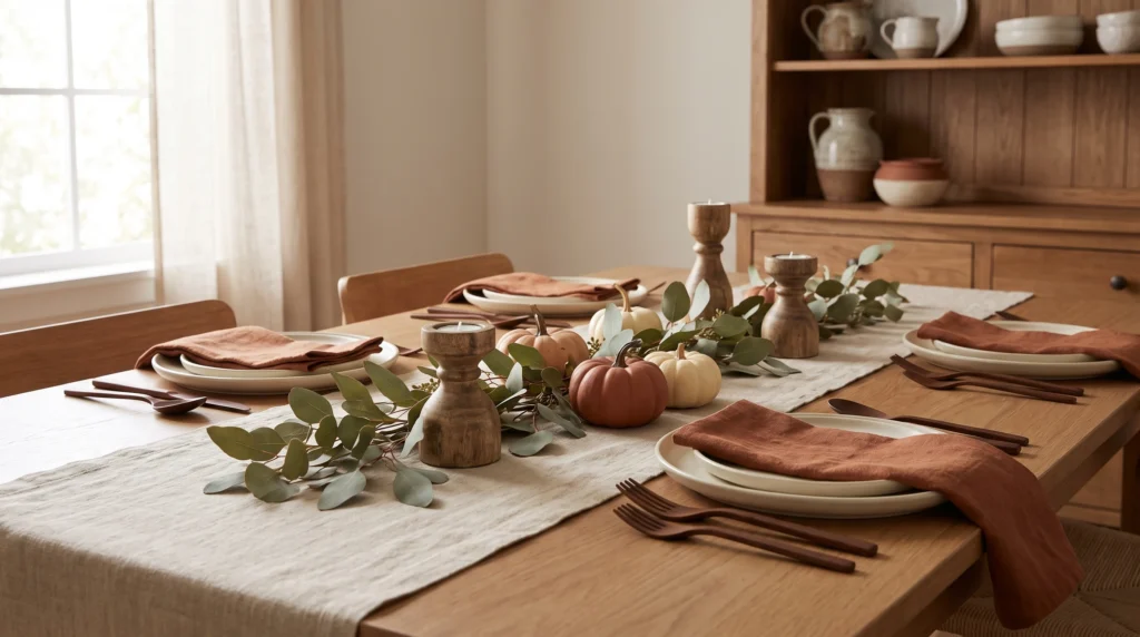 Warm autumn color palette with rust, cream, brown, and olive table decor