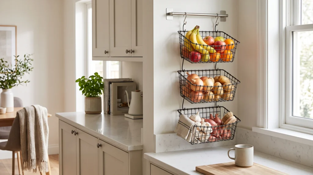 Visual illustration of add hanging baskets for fruit, vegetables, and odds and ends