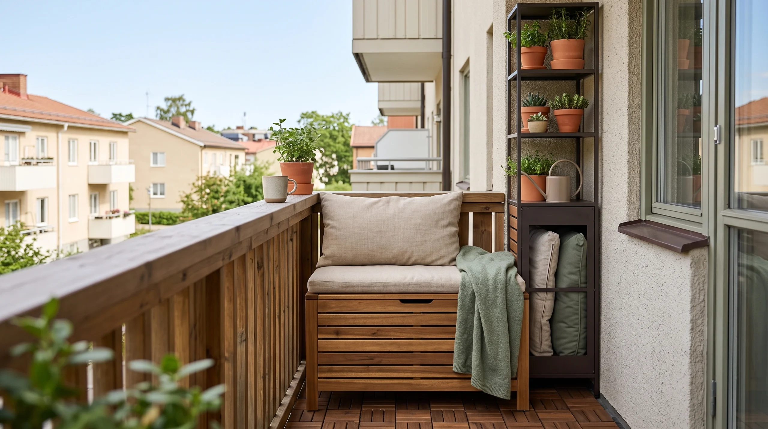 Visual illustration of add a small balcony storage solution