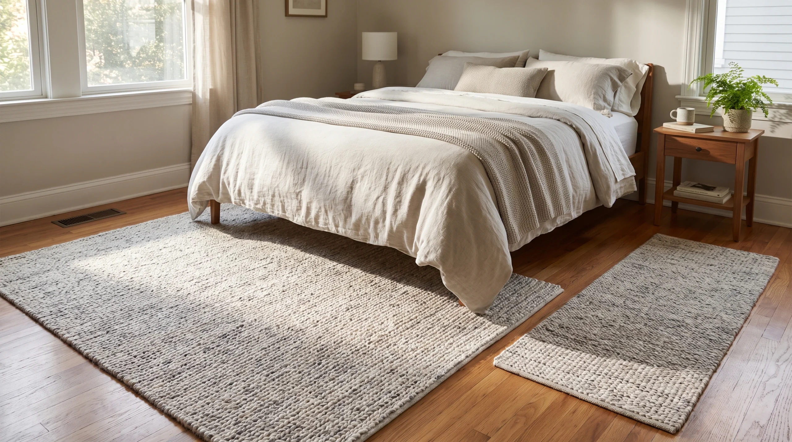 Visual illustration of add an area rug under or beside the bed