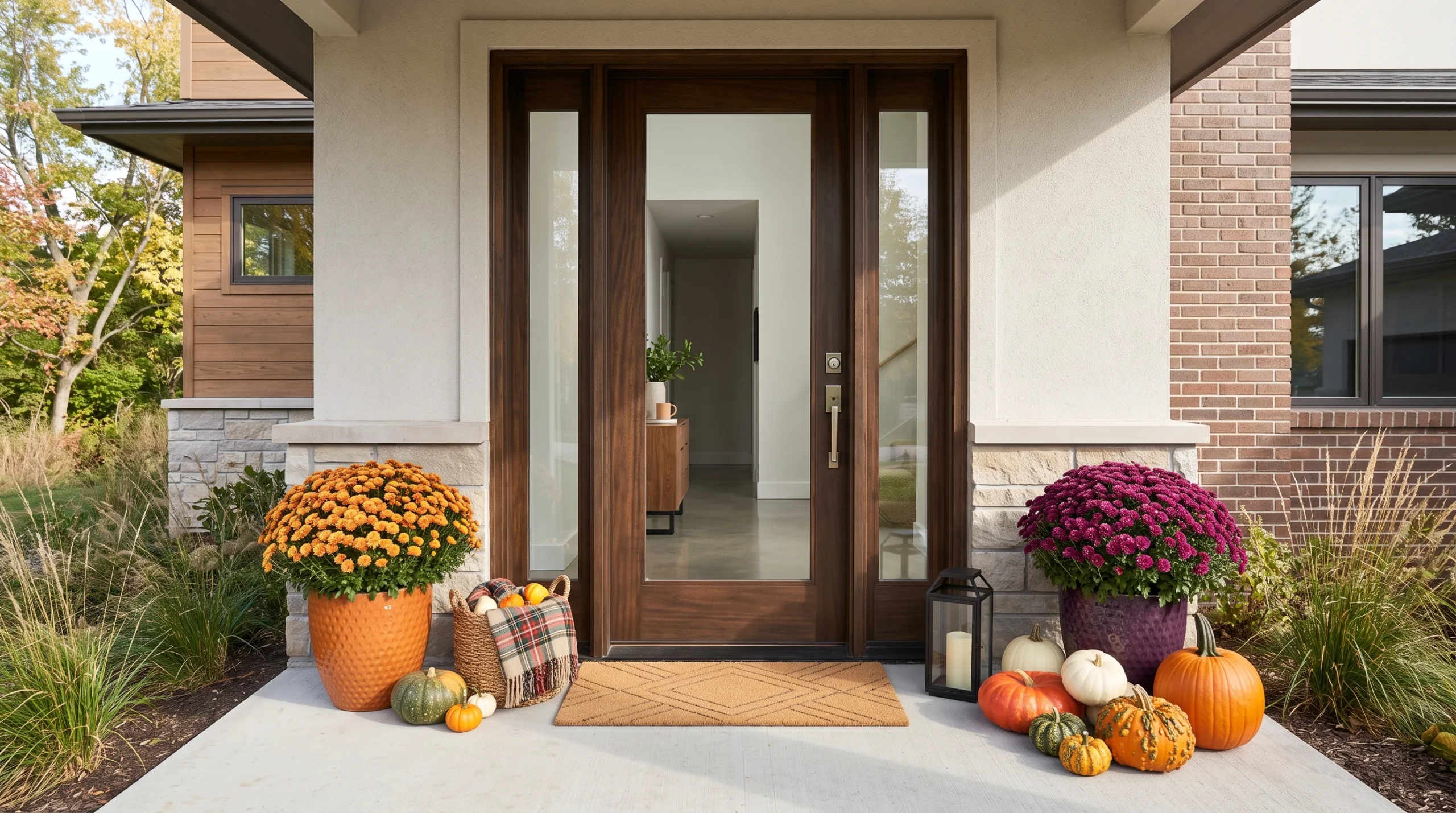 Visual illustration of add mums around a welcoming front door