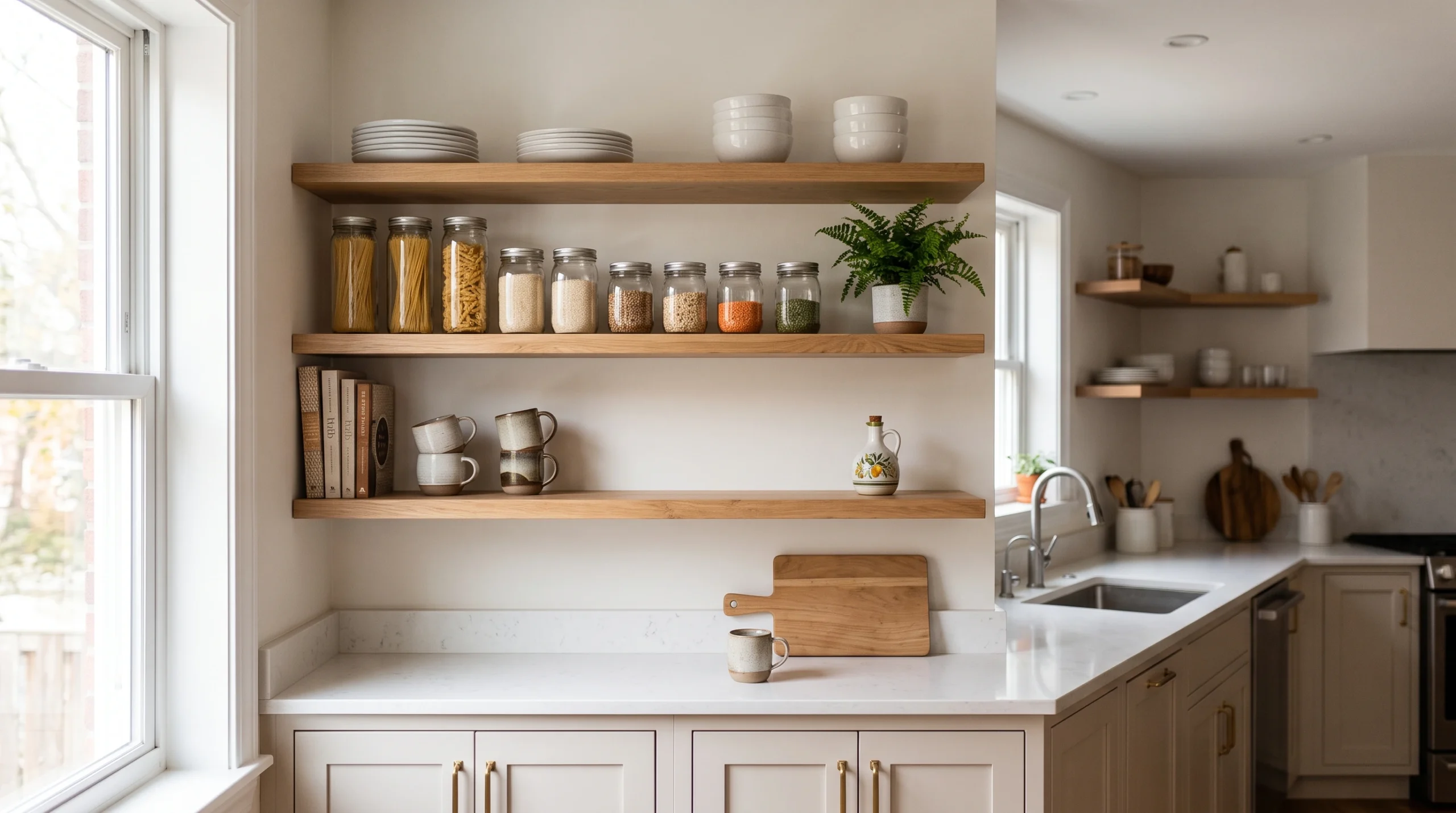 Visual illustration of add open shelving on an empty wall