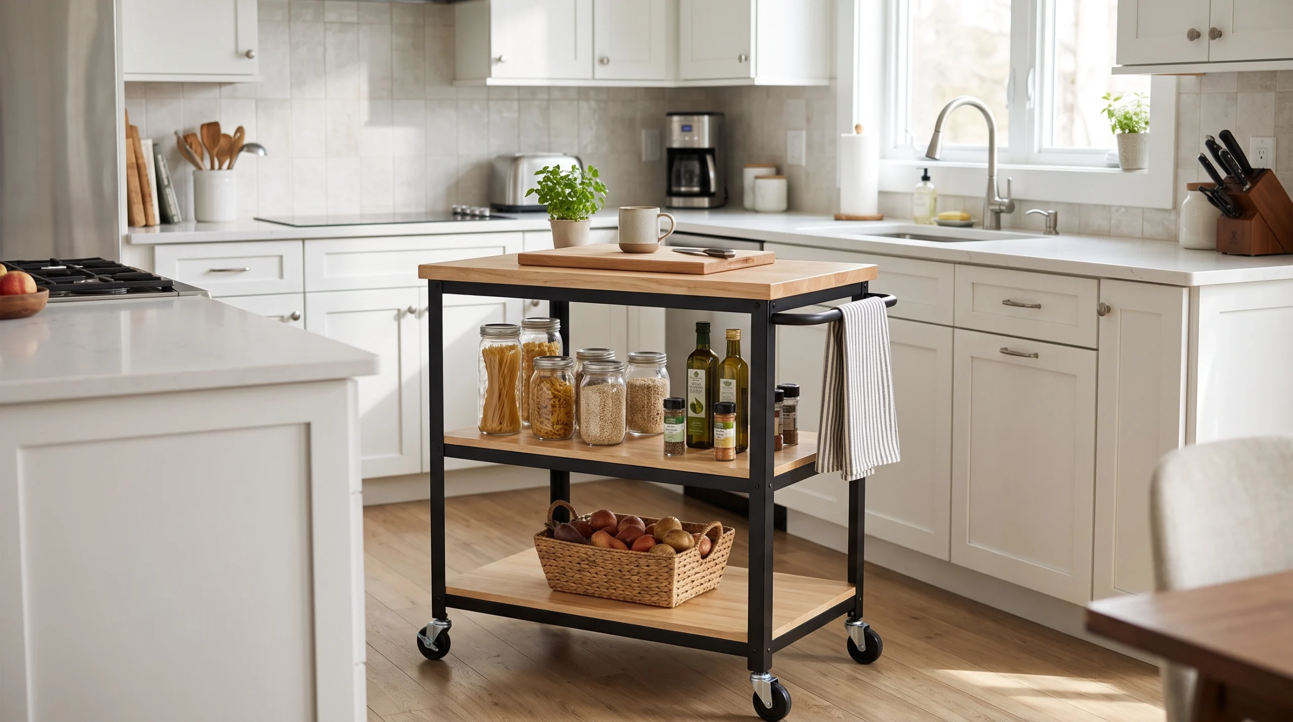 Visual illustration of bring in a rolling kitchen cart
