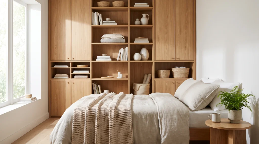 Visual illustration of build a bedroom around vertical storage