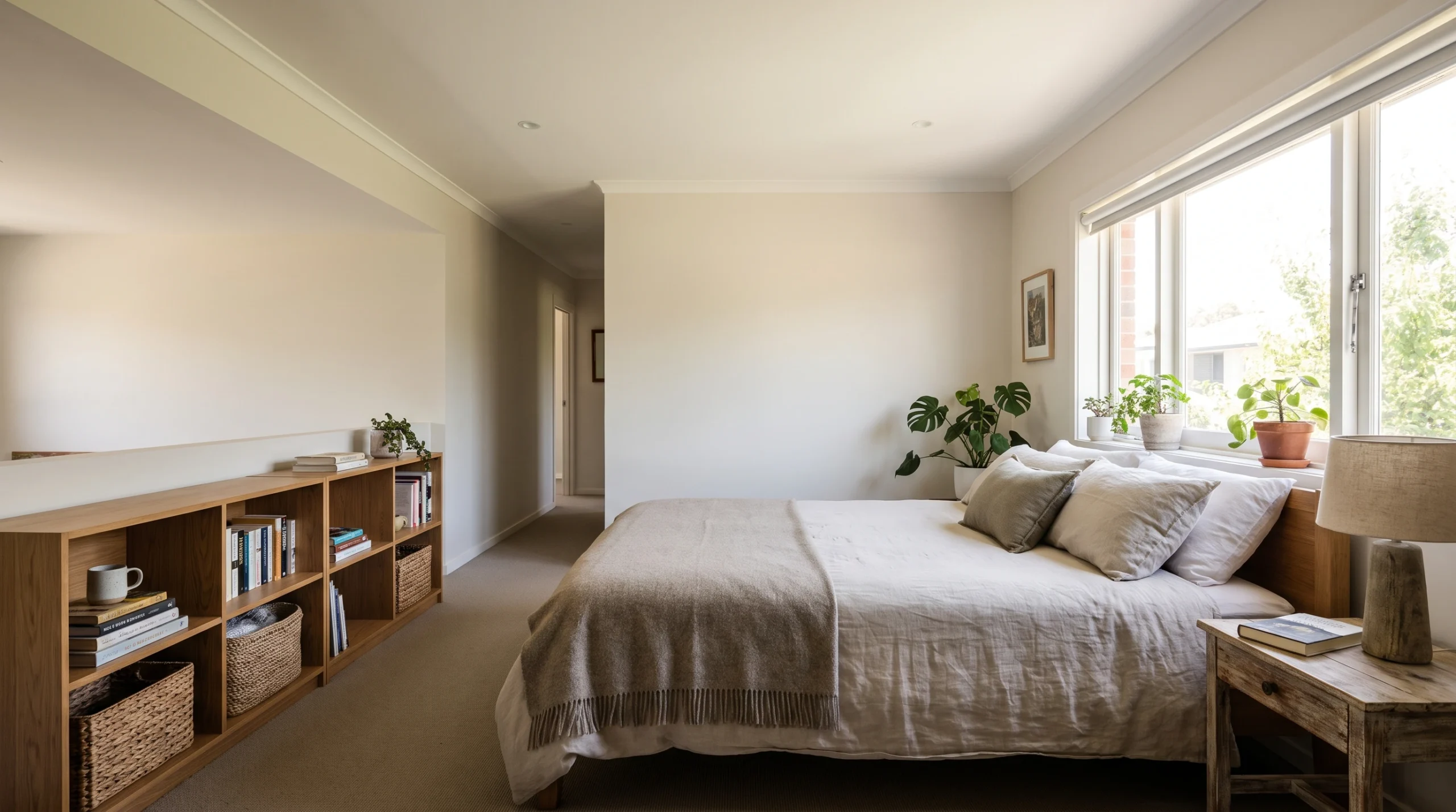 Visual illustration of center a queen bed on the short wall