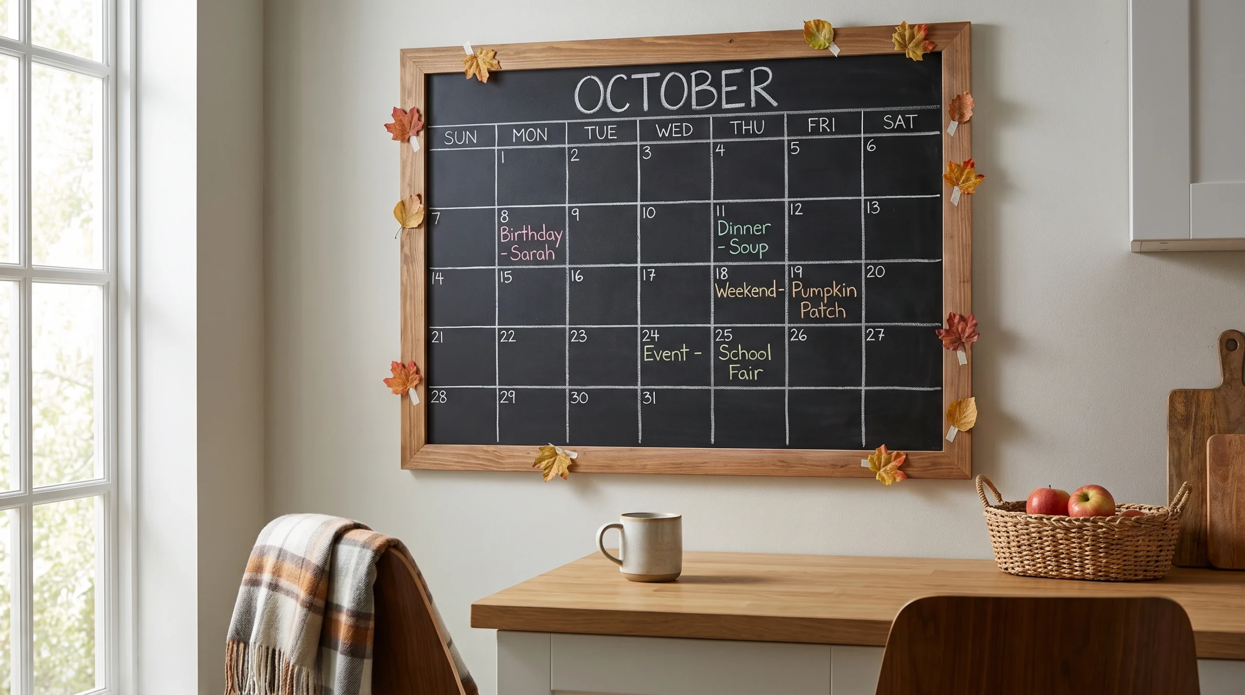 Visual illustration of chalkboard calendar for fall