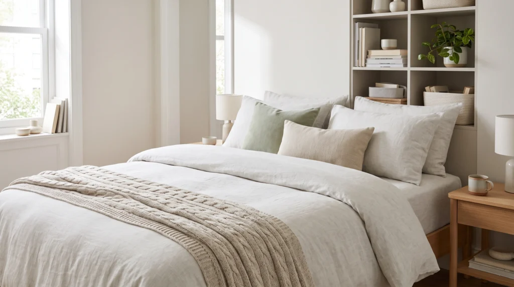 Visual illustration of choose bedding that makes the room feel calm