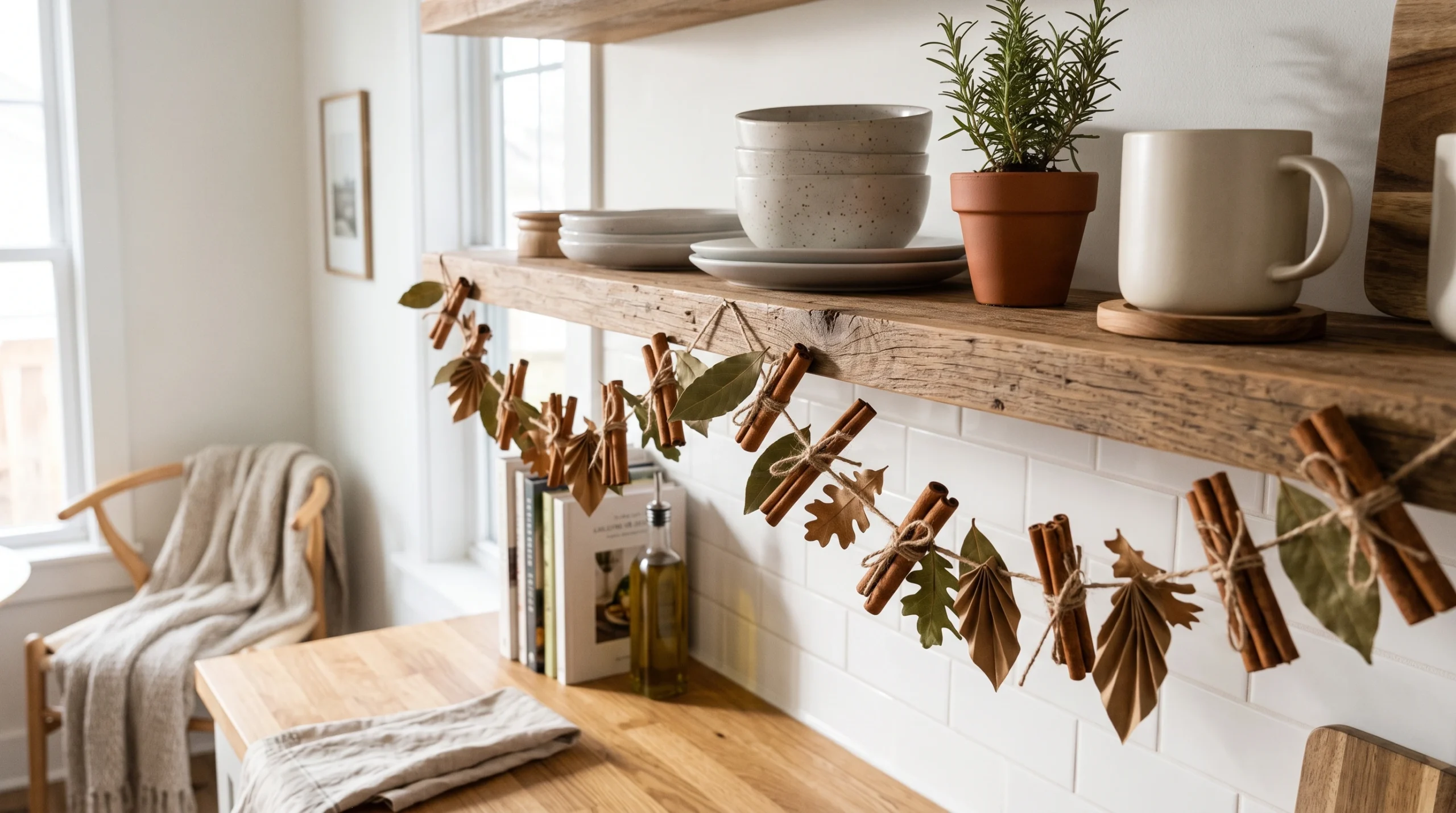 Visual illustration of cinnamon stick and leaf garland