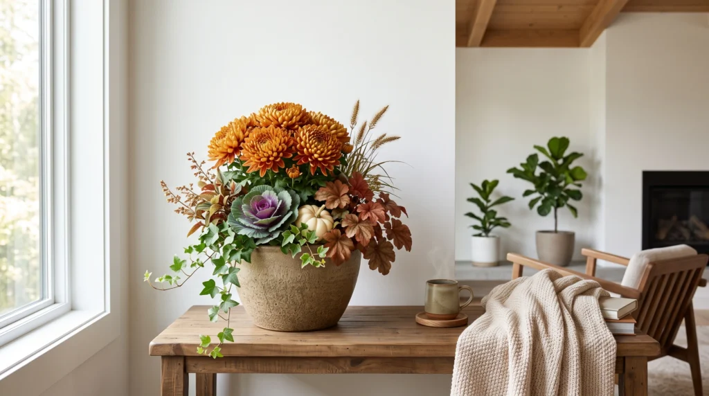 Visual illustration of combine mums with a fall planter