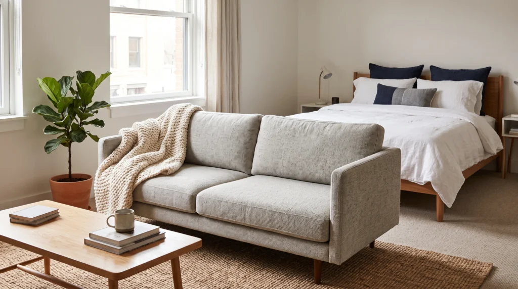 Visual illustration of create a bedroom zone behind the sofa