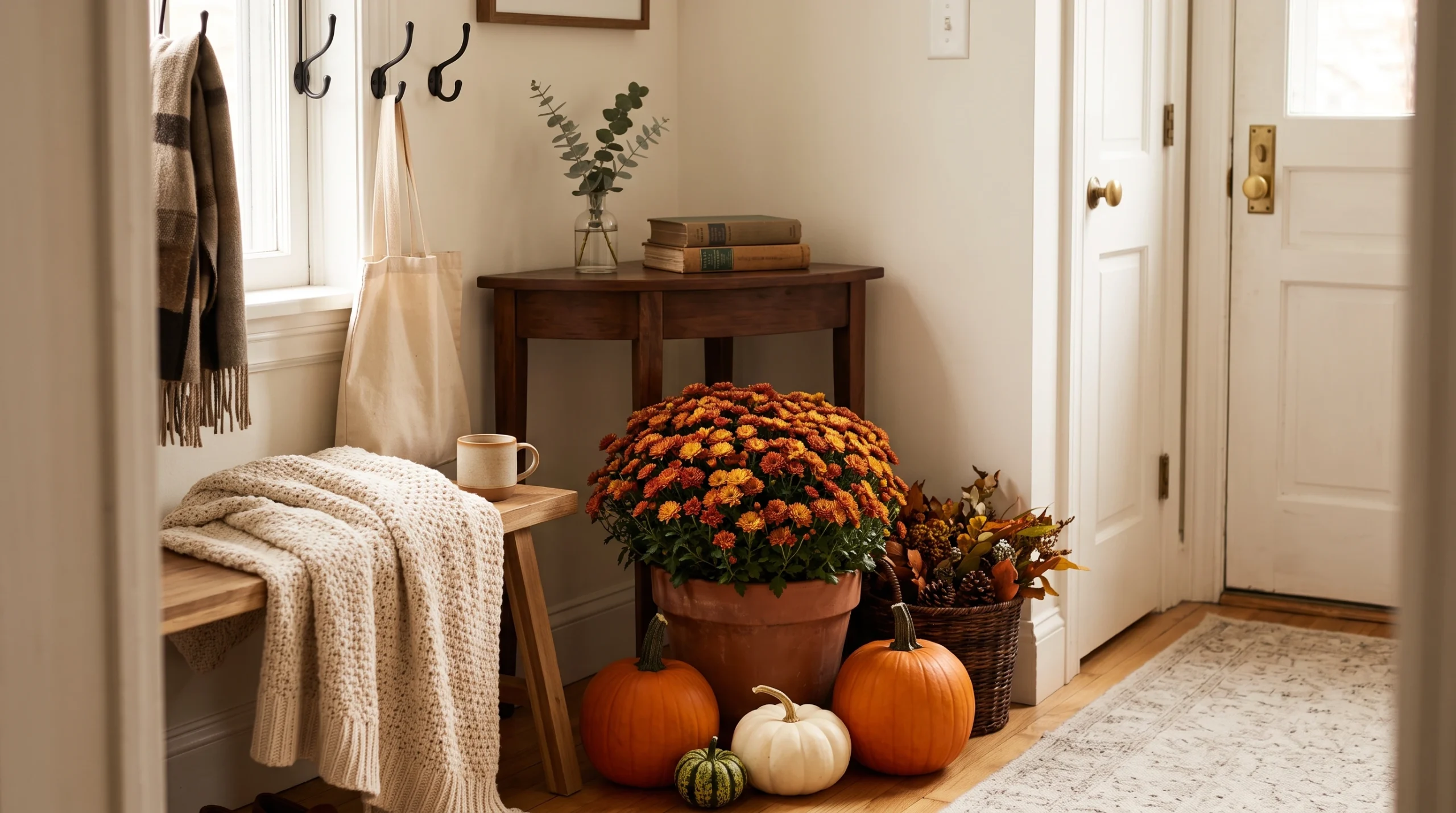 Visual illustration of create a cozy mums and pumpkin corner