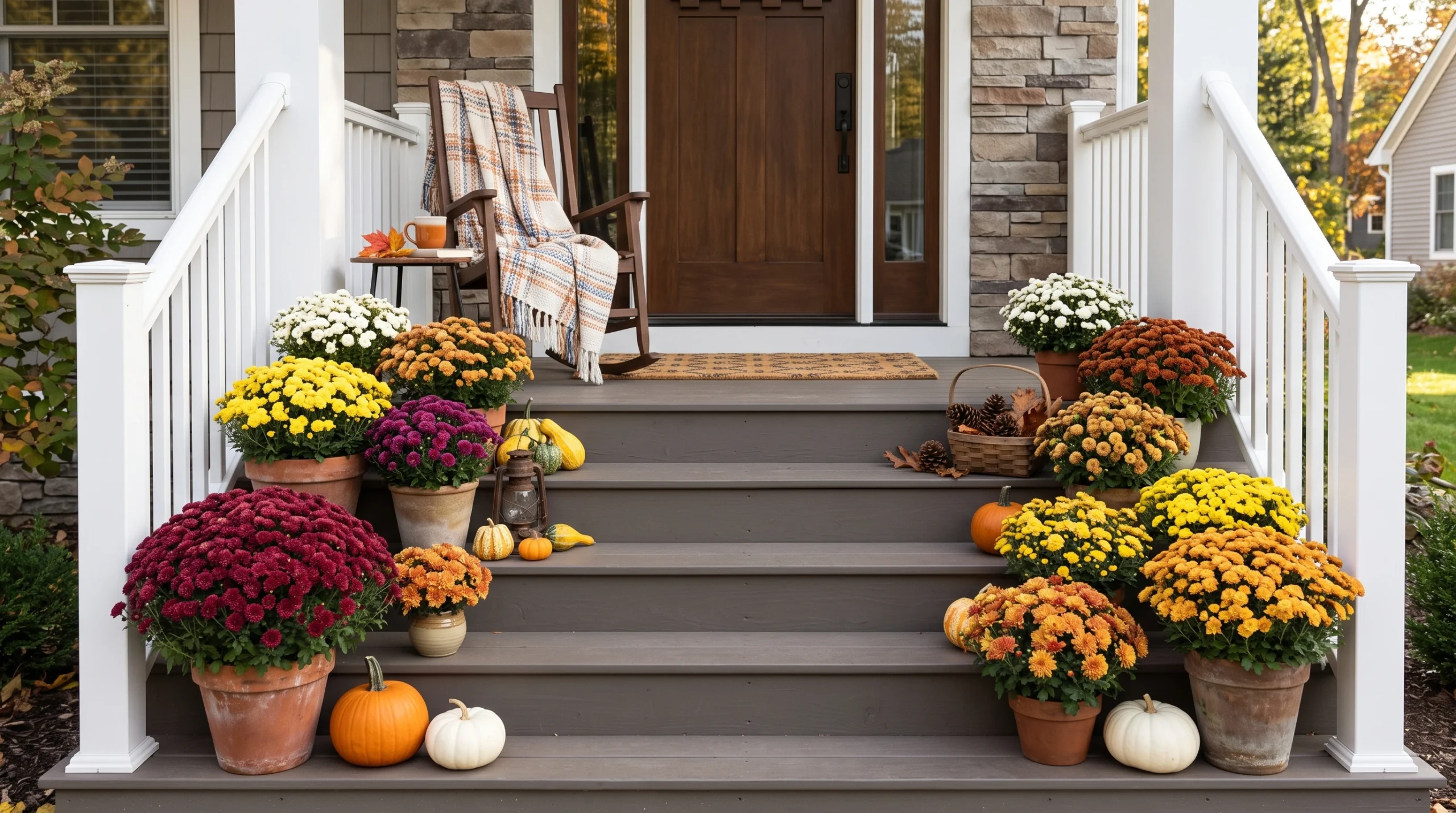Visual illustration of create a mums display on front porch stairs