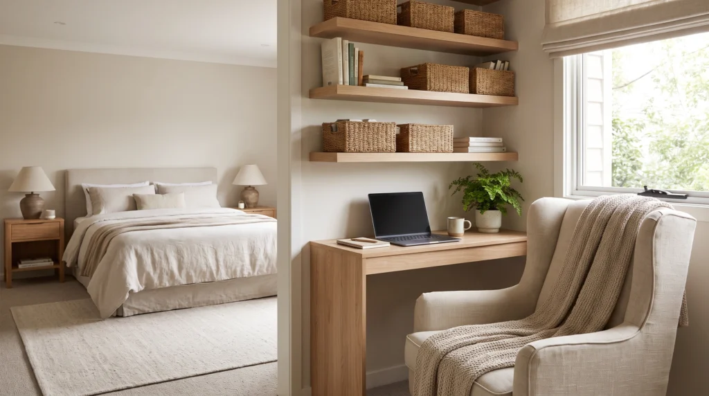 Visual illustration of create a small bedroom work zone