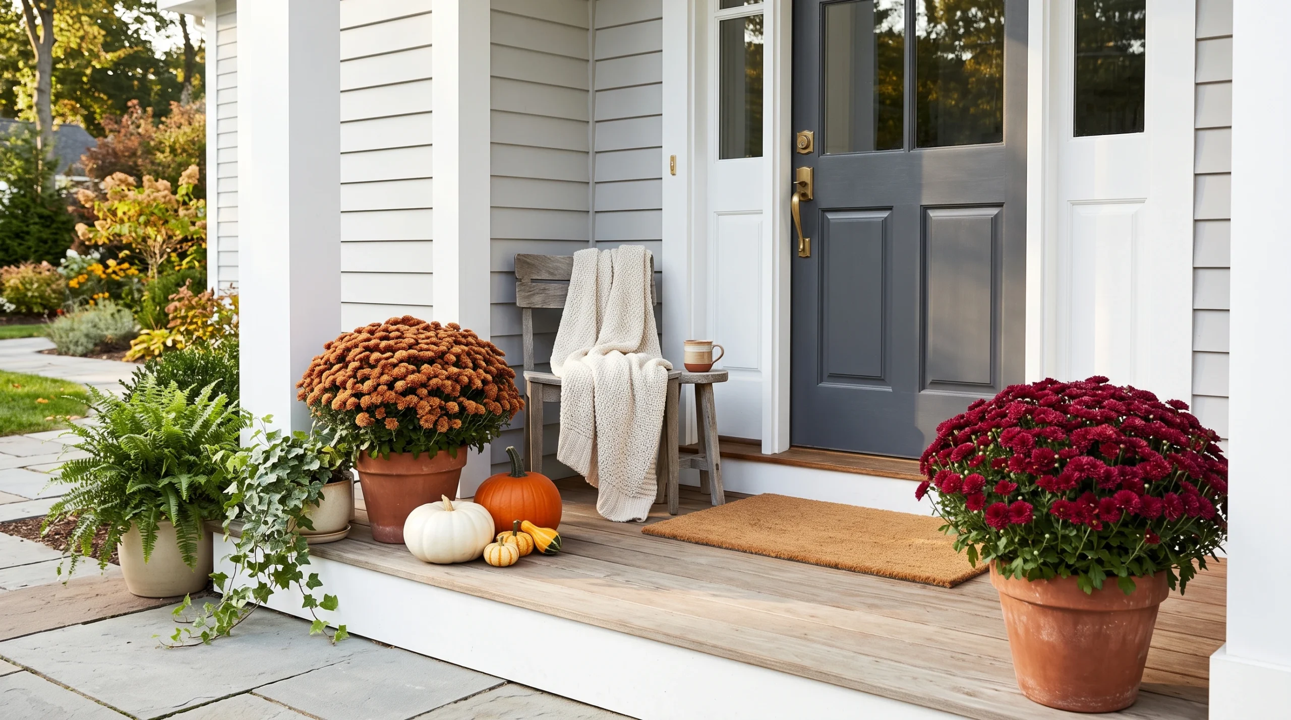 Visual illustration of decorate a small front porch with mums