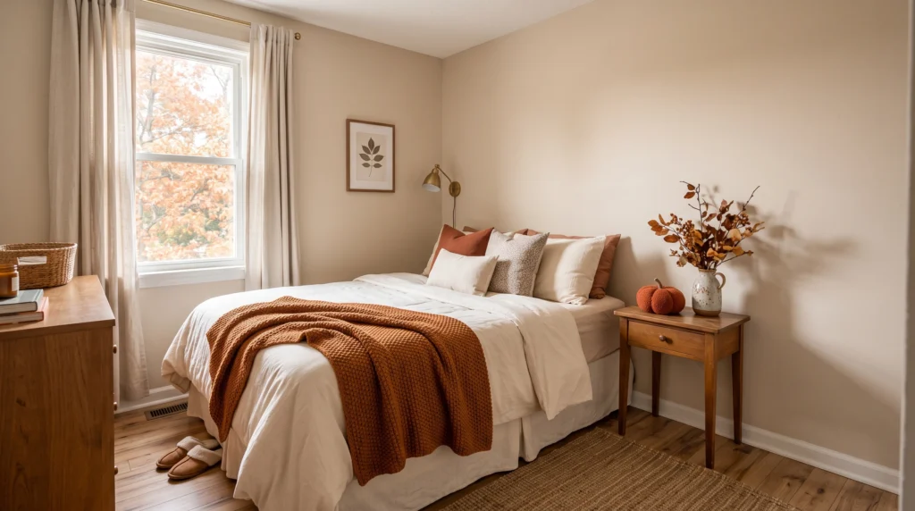 Cozy bedroom with simple DIY fall decorations