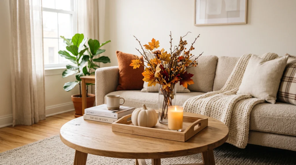 DIY fall coffee table tray with pumpkins and autumn branches