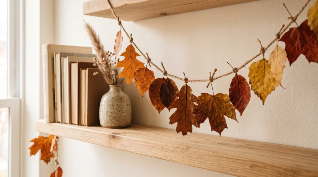 DIY fall leaf garland made with autumn leaves and twine