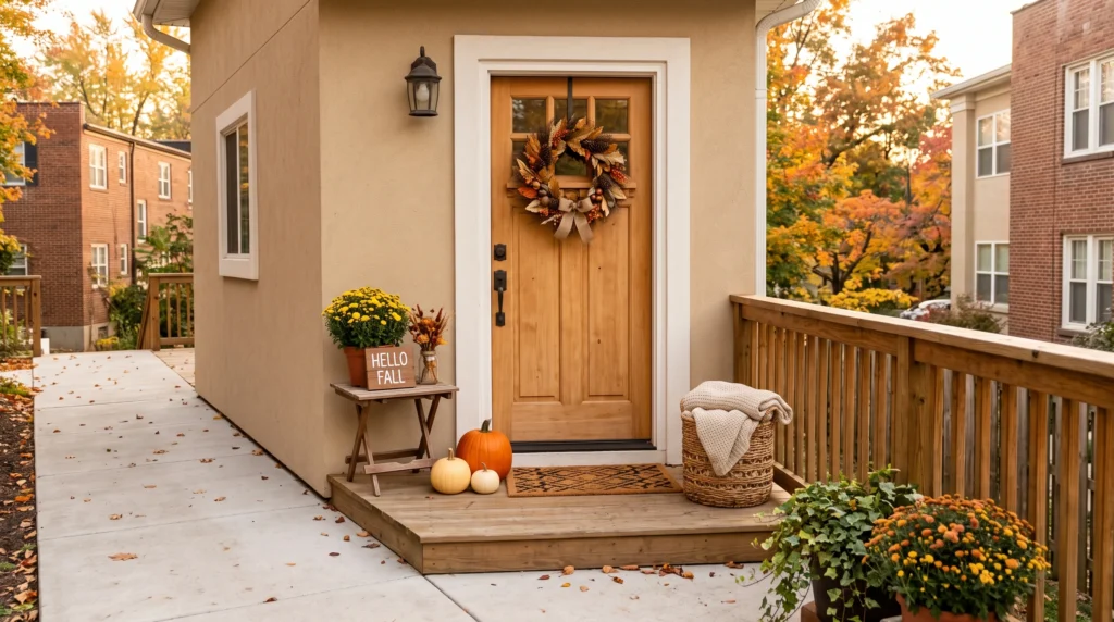 DIY fall porch decorations with pumpkins and a handmade wreath