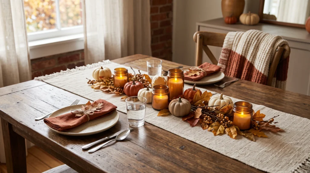 DIY fall table runner with pumpkins and autumn decorations