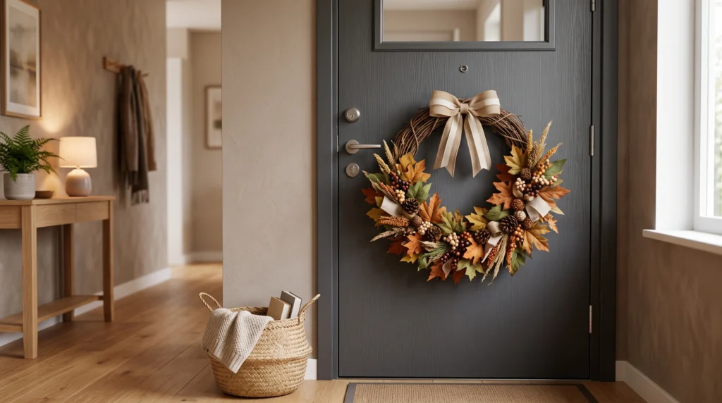 DIY fall wreath with leaves and pinecones on an apartment door