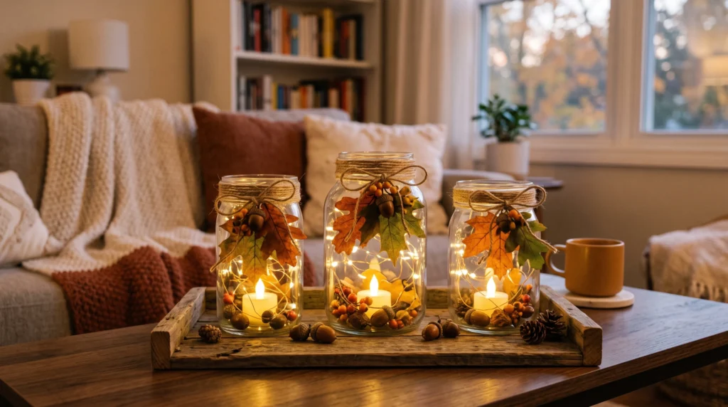 DIY glass jar fall decorations with autumn leaves and LED candles
