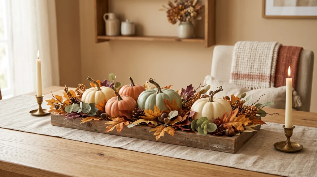 DIY mini pumpkin centerpiece for a fall dining table