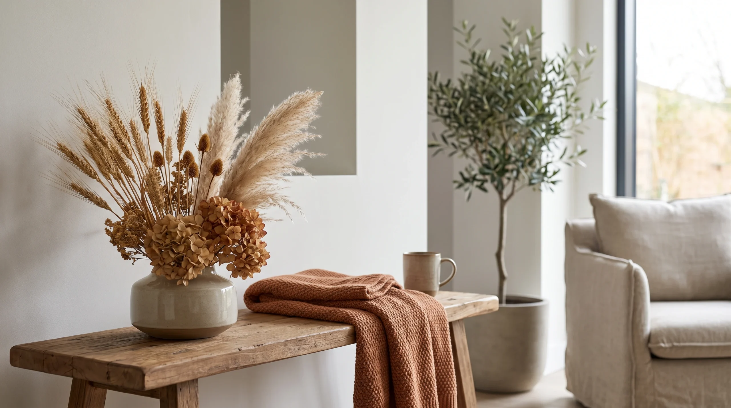 Visual illustration of dried flowers in a low vase