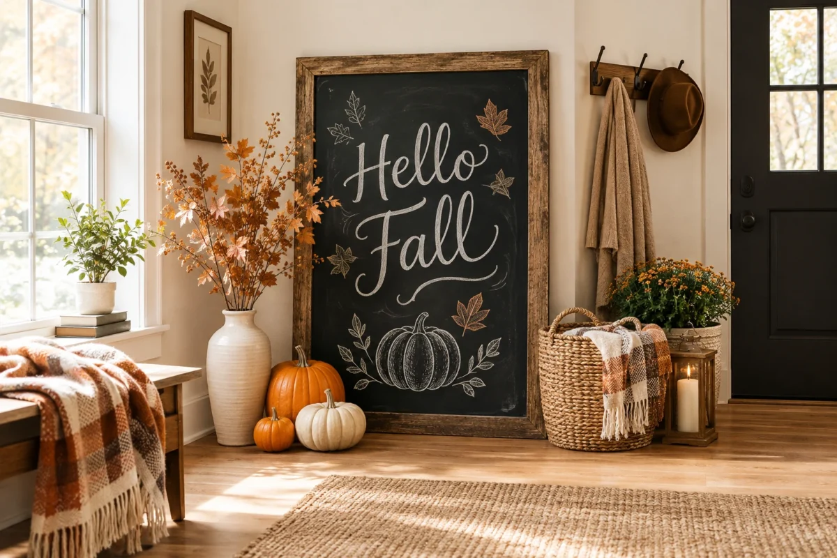 Fall chalkboard ideas with pumpkins and autumn decor in a cozy home