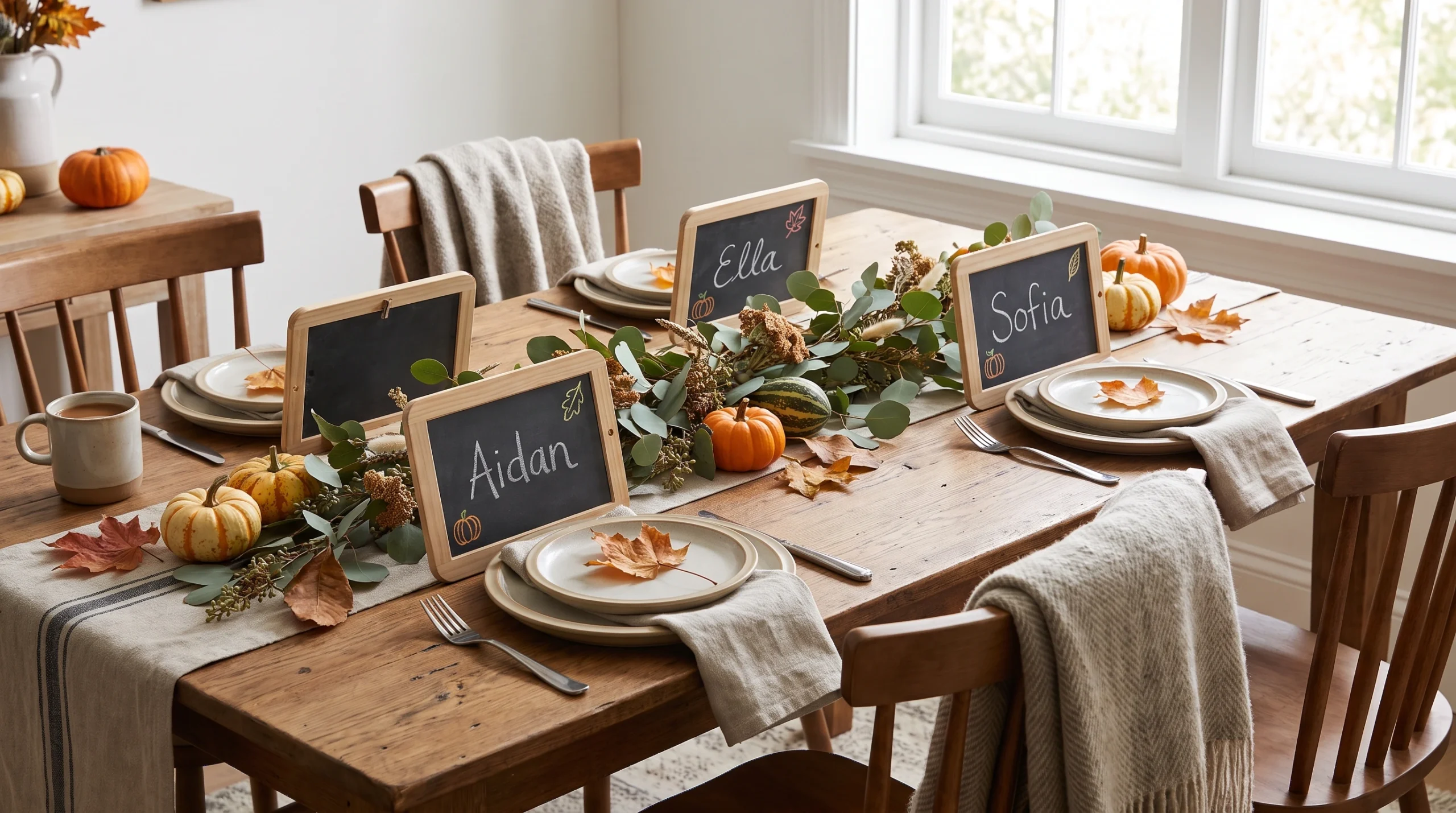 Visual illustration of fall dining place-card chalkboards