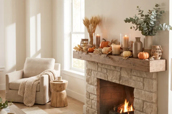 Fall fireplace mantel decorated with pumpkins, autumn leaves, candles, and greenery