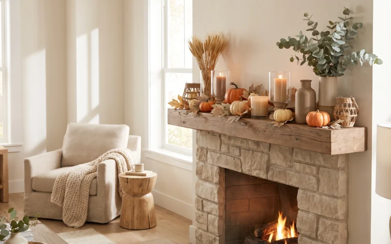 Fall fireplace mantel decorated with pumpkins, autumn leaves, candles, and greenery