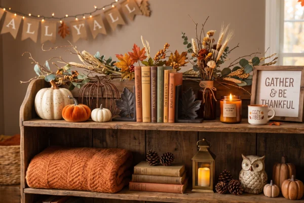 Cozy fall shelf decor ideas with mini pumpkins, books, dried autumn branches, and neutral accents