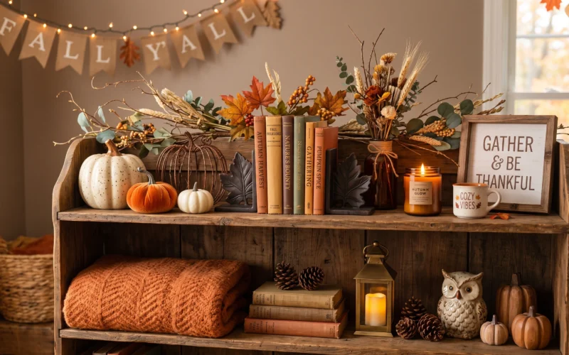 Cozy fall shelf decor ideas with mini pumpkins, books, dried autumn branches, and neutral accents