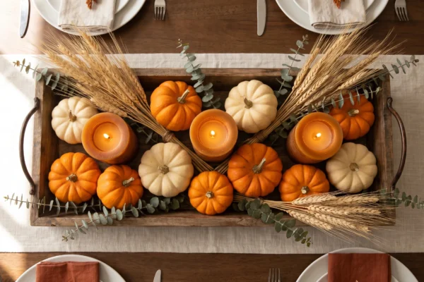 Cozy fall table centerpiece with mini pumpkins, dried wheat stems, and candles on a wooden tray