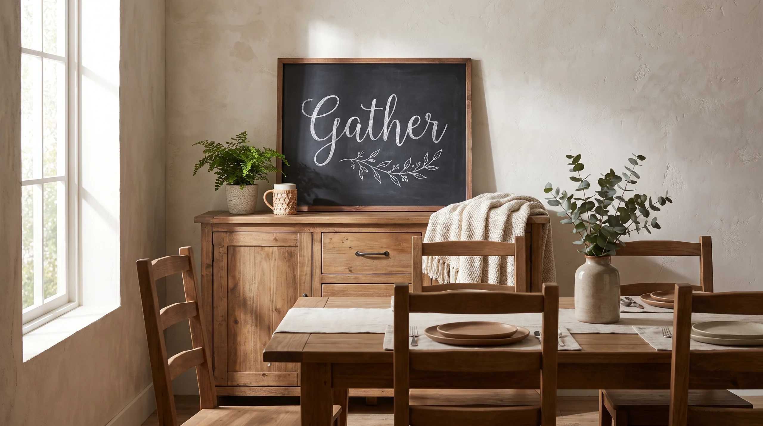 Visual illustration of "gather" dining room chalkboard