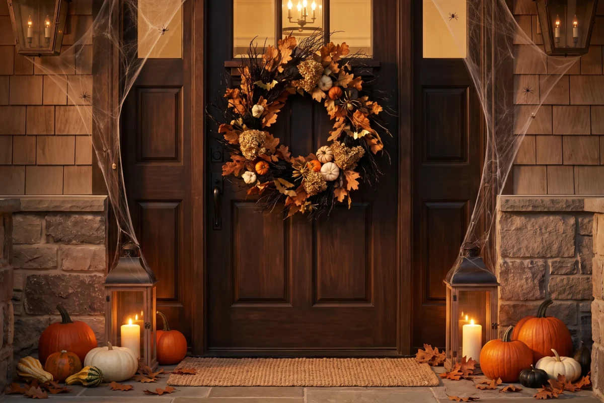 Halloween door decorated with pumpkins, wreath, spider webs, and warm lanterns