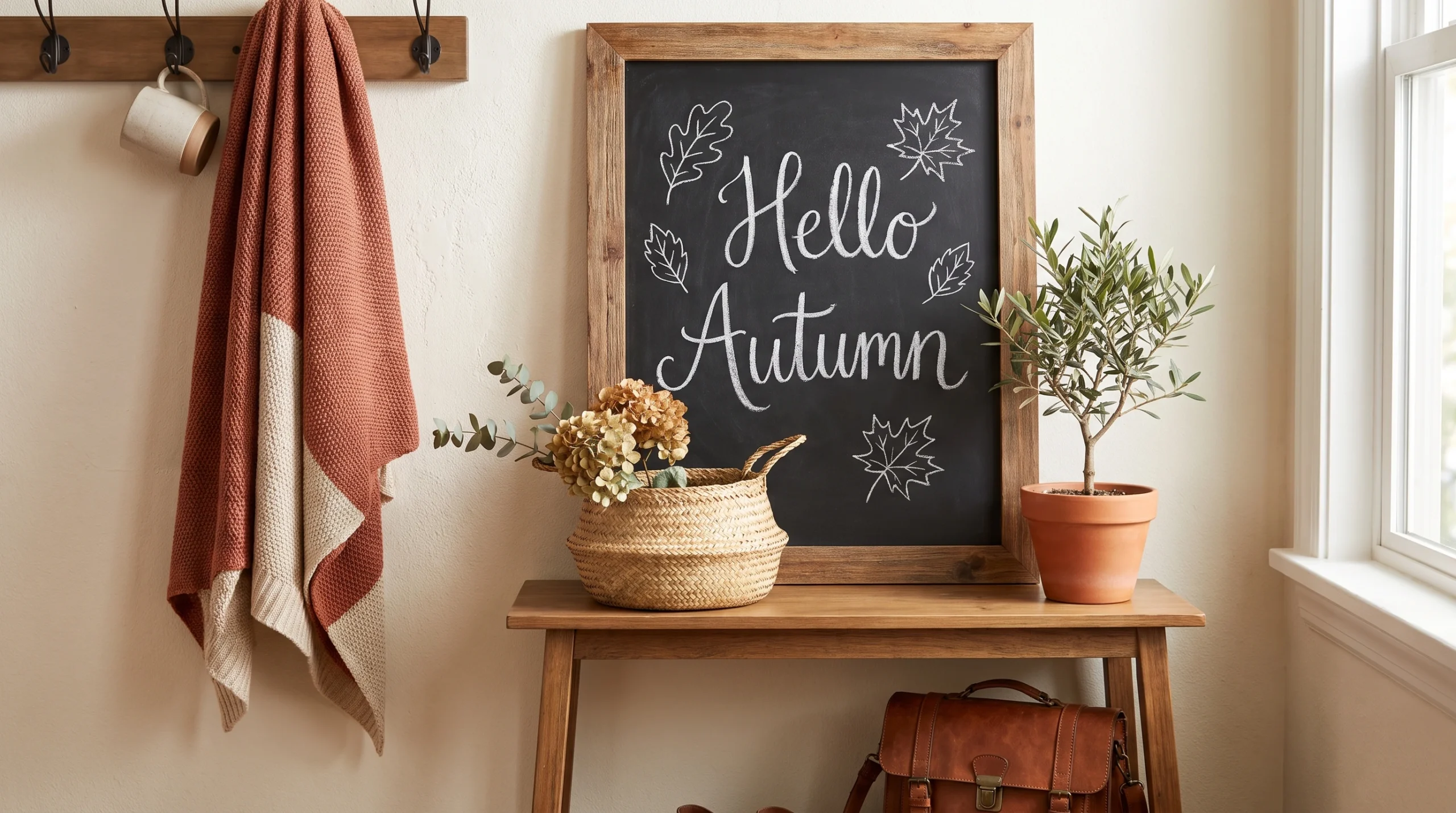 Visual illustration of "hello autumn" layered entryway display