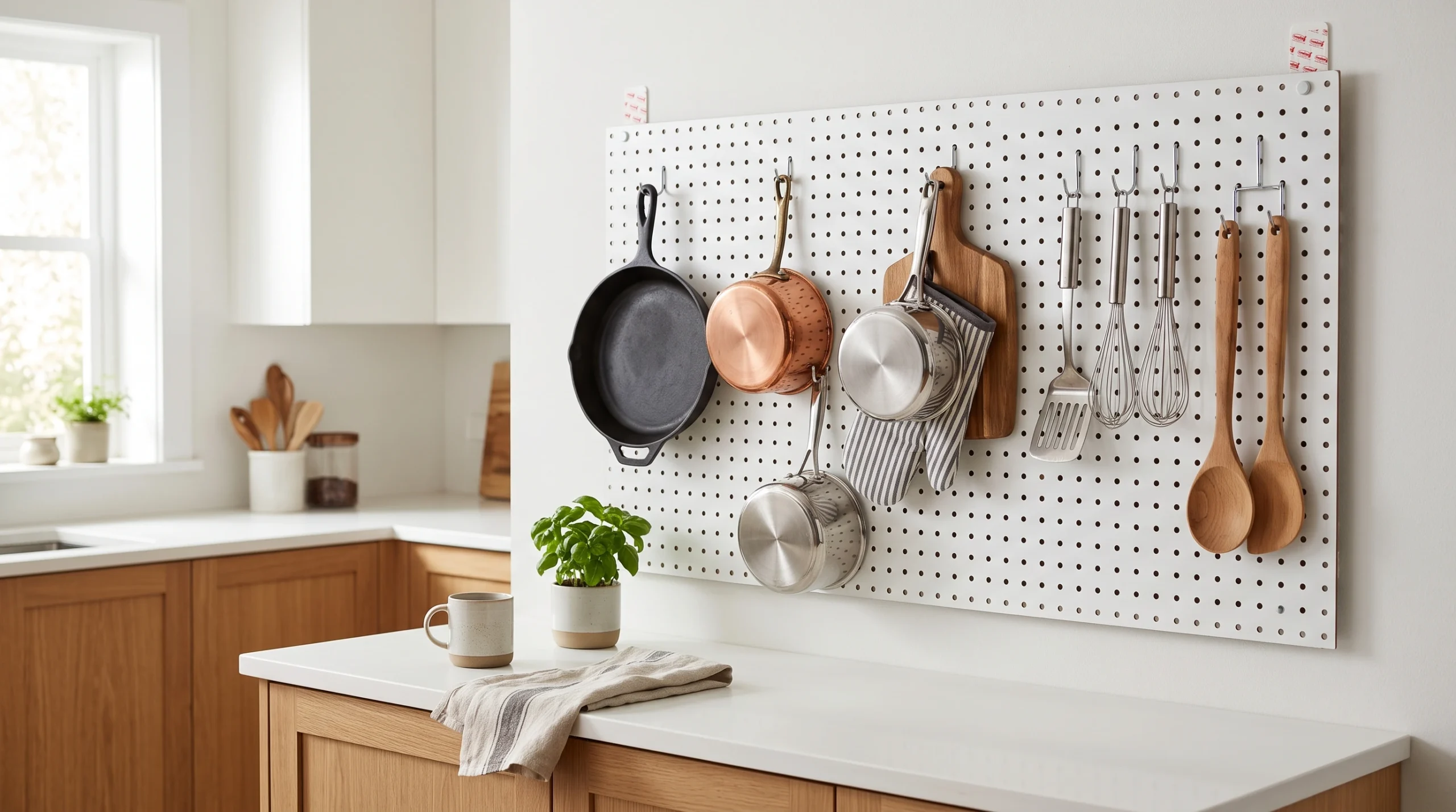 Visual illustration of install a pegboard for pots, utensils, and tools