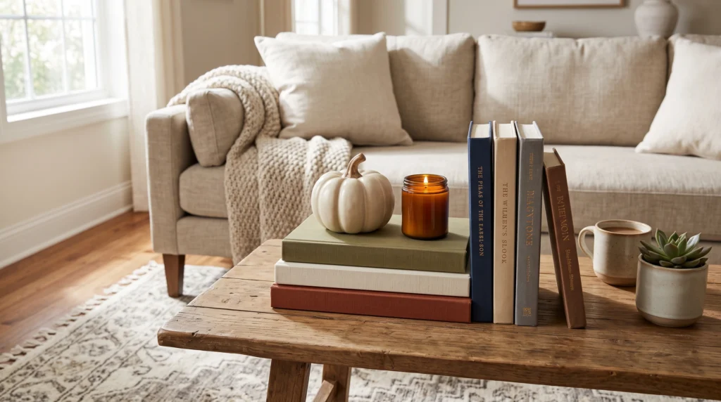 Visual illustration of layer books with fall accents