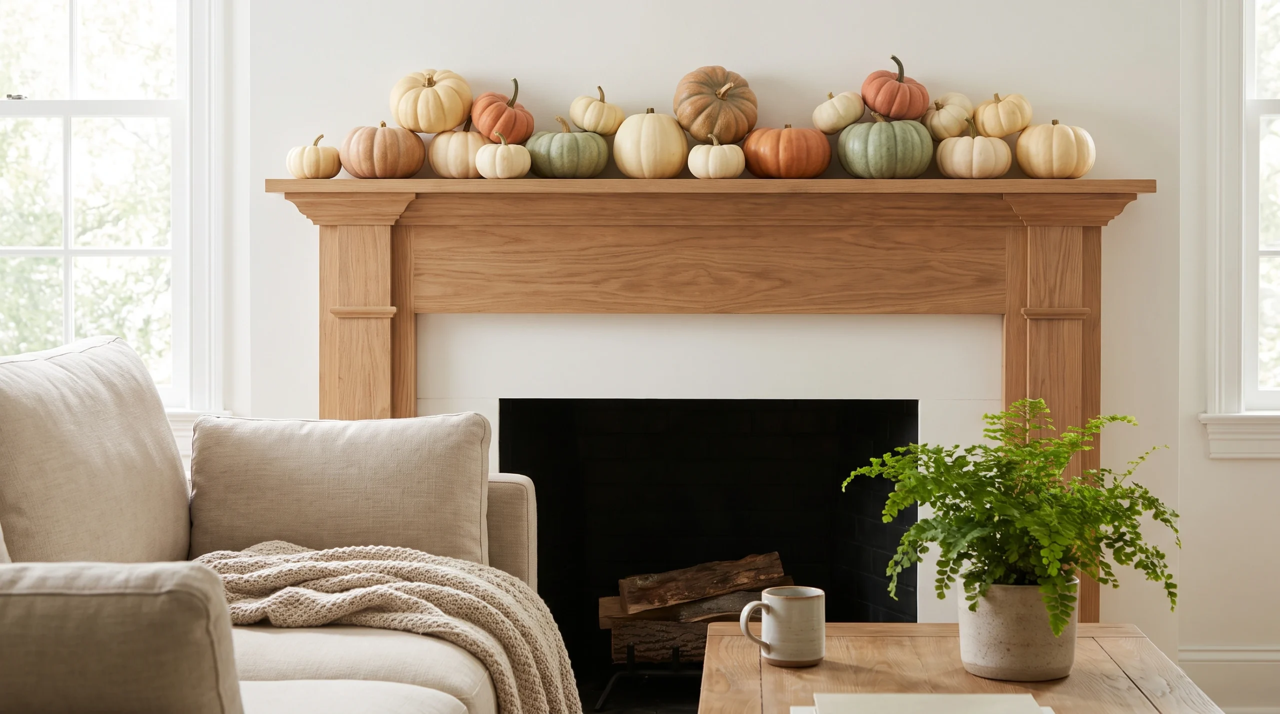 Visual illustration of layer mini pumpkins across the mantel