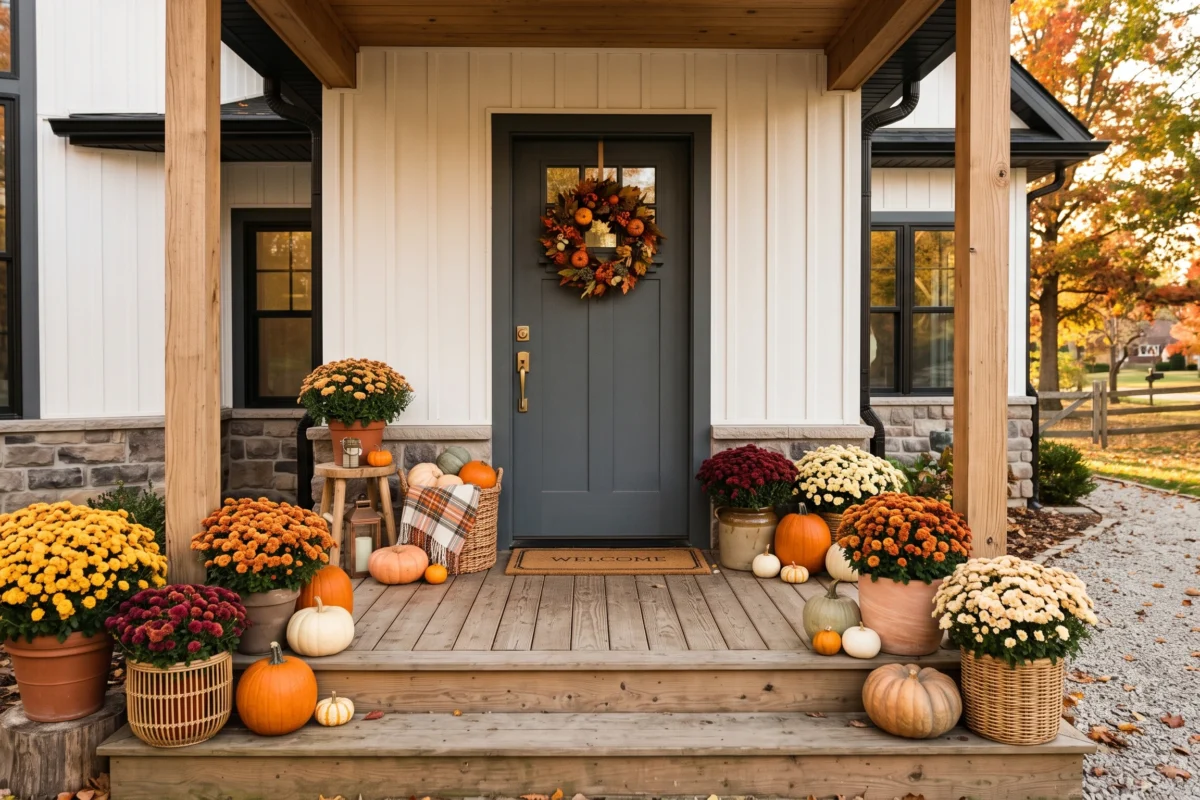 Mums front porch with colorful fall flowers and pumpkins