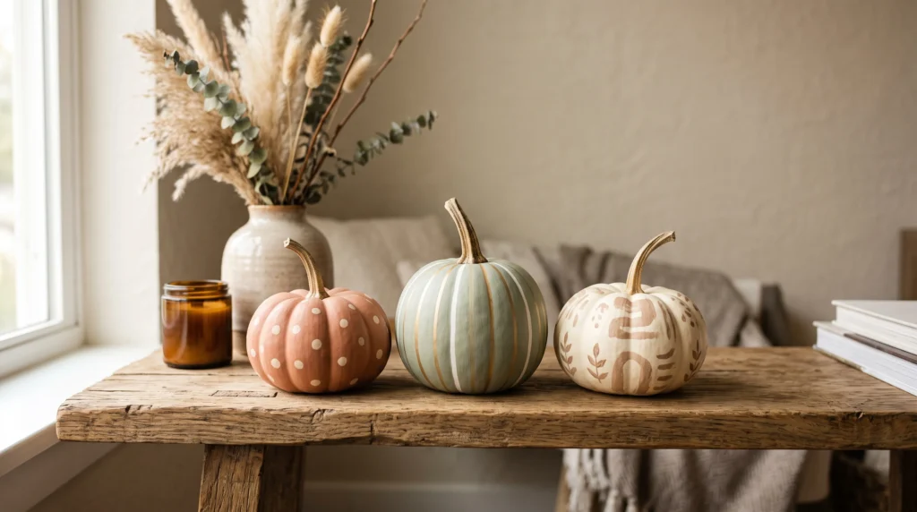 DIY painted pumpkins in neutral fall colors