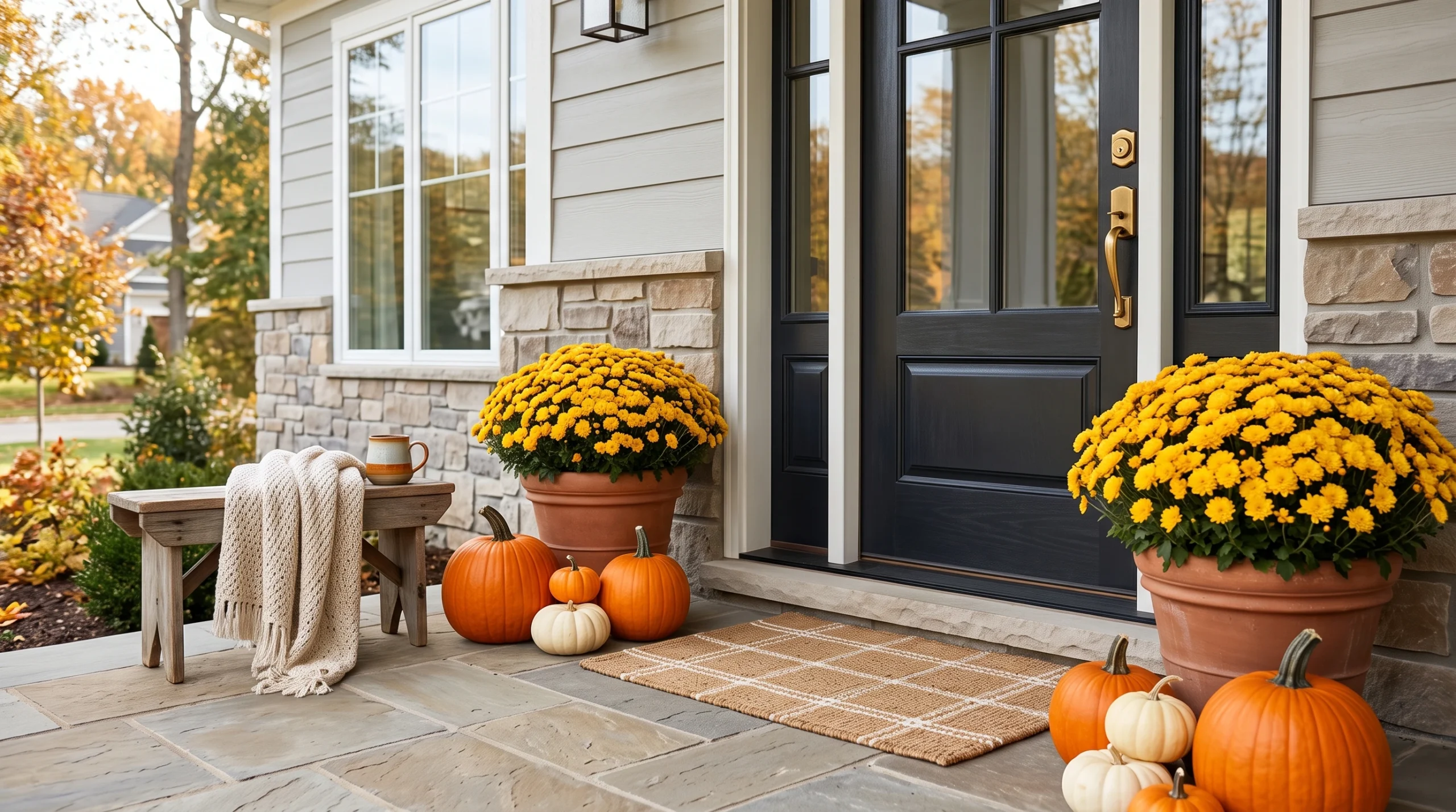Visual illustration of pair golden mums with classic pumpkins
