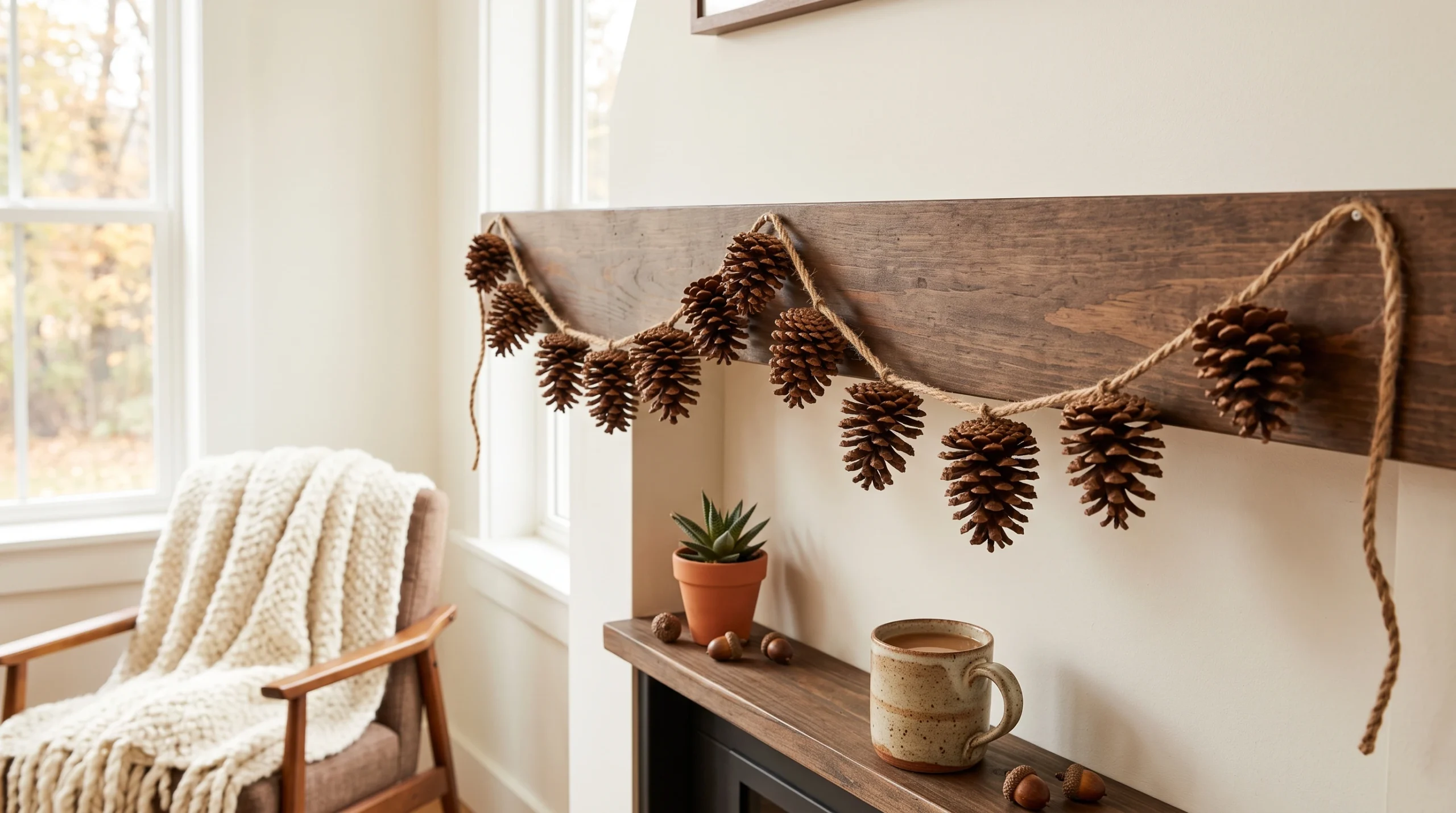 Visual illustration of pinecone and twine garland
