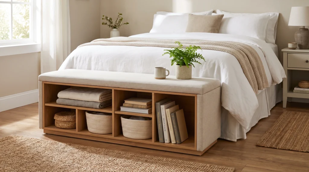 Visual illustration of put storage at the foot of the bed