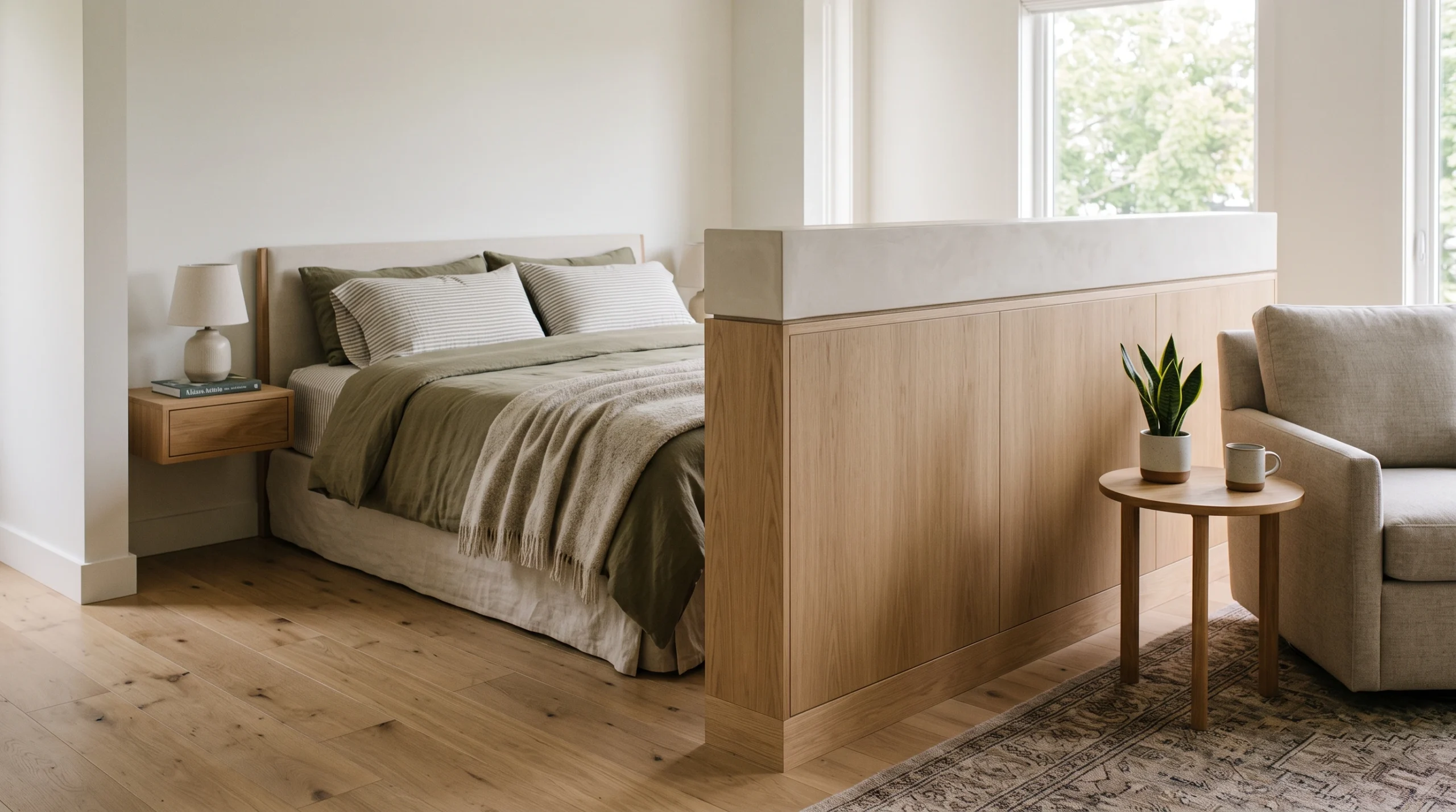 Visual illustration of put the bed behind a half-height divider