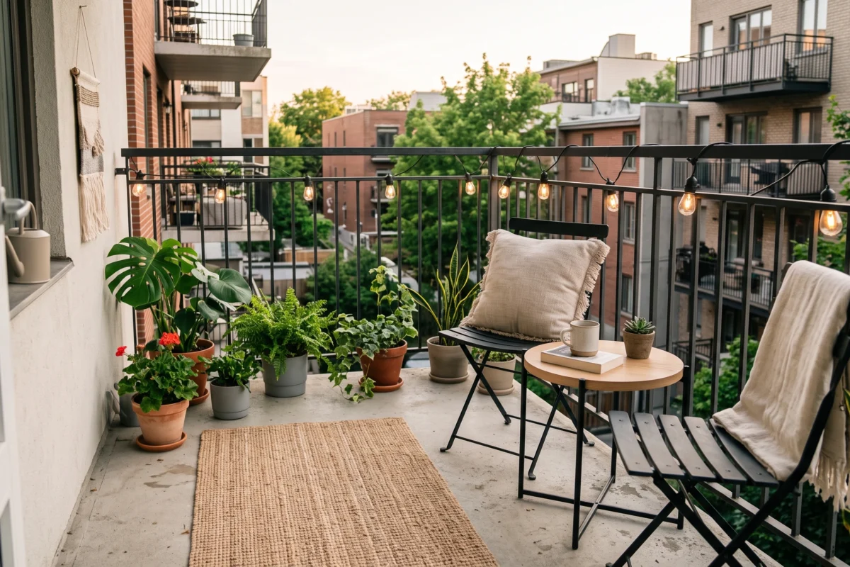 Small balcony decorated with cozy seating, plants, rug, and string lights