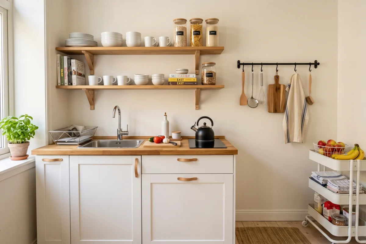 Small rental kitchen with open wall shelves, hanging pots, and a rolling cart used as budget-friendly storage without cabinets