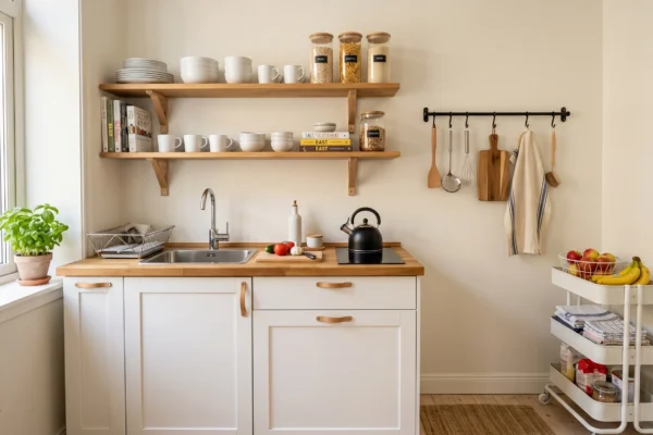 Small rental kitchen with open wall shelves, hanging pots, and a rolling cart used as budget-friendly storage without cabinets