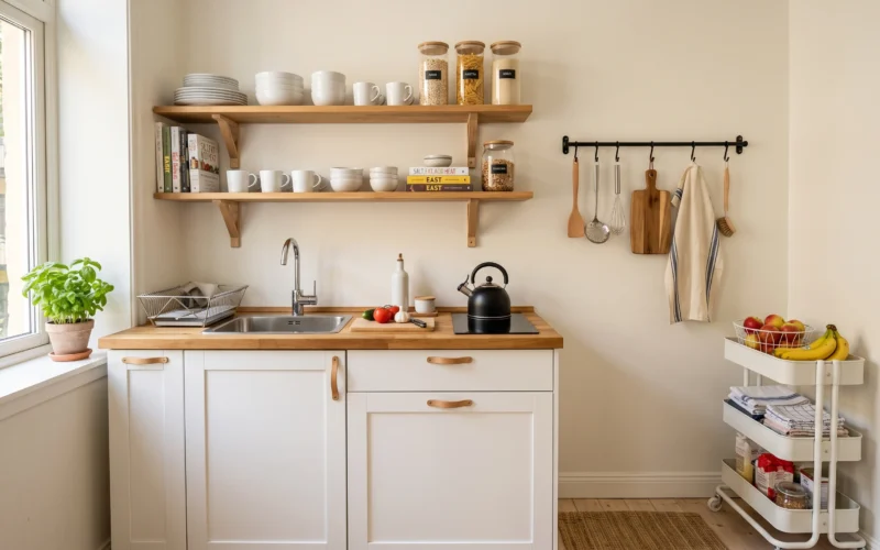 Small rental kitchen with open wall shelves, hanging pots, and a rolling cart used as budget-friendly storage without cabinets